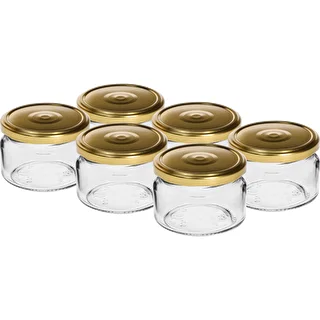 Žemas 200 ml stiklainis - su auksiniu dangteliu fi 82/6, 6 vnt.