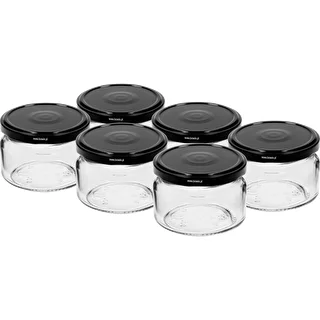 Žemas stiklainis 200 ml - su juodu dangteliu fi 82/6, 6 vnt.