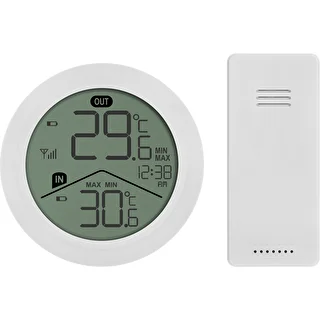 Elektroninis Soens termometras – su išoriniu jutikliu, apvalus, baltas