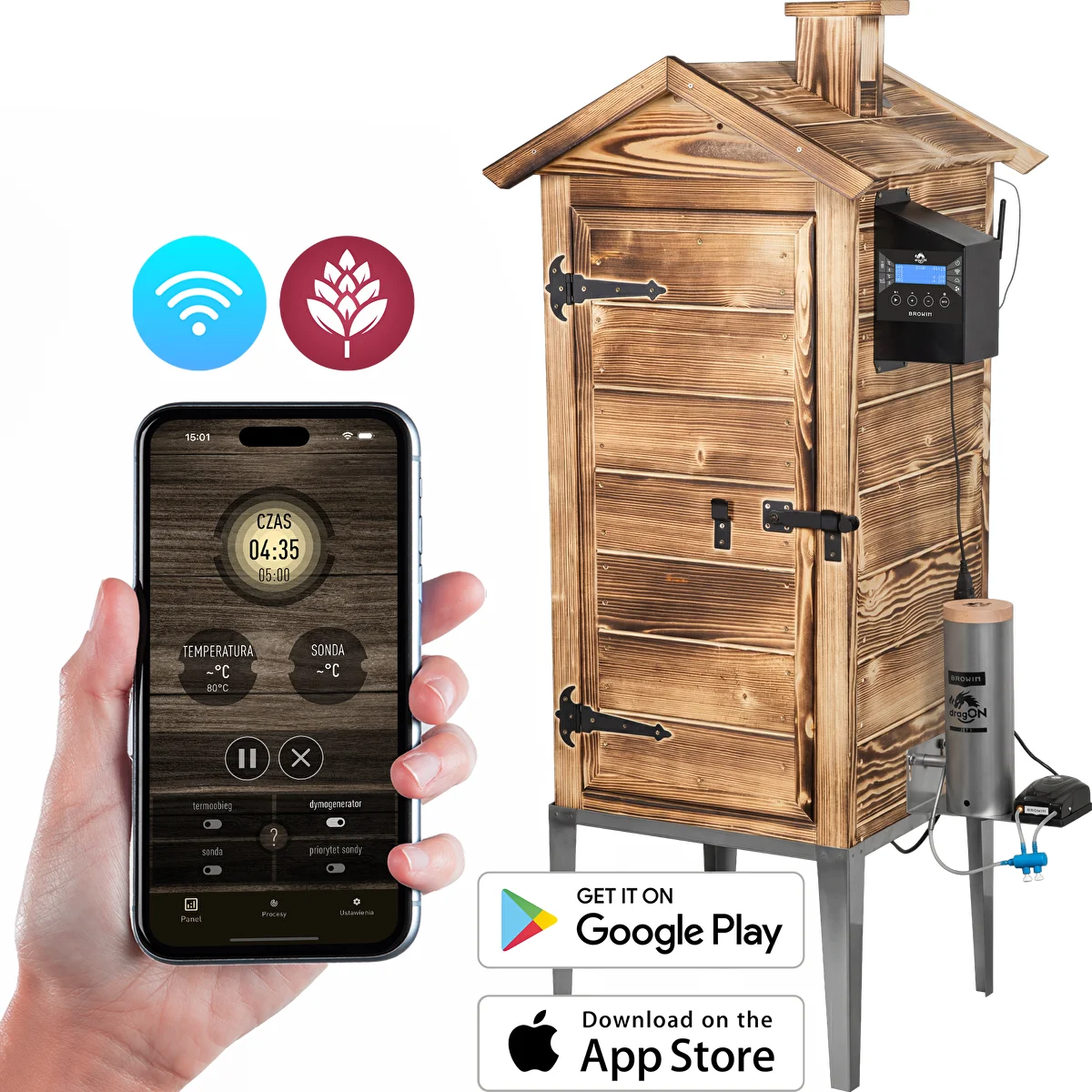 Rūkykla su Wi‑Fi, 200 L – dragON WOOD 100IQ su elektriniu šildymo moduliu ir valdikliu, malkomis kūrenama