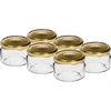 Žemas 200 ml stiklainis - su auksiniu dangteliu fi 82/6, 6 vnt. ['žemas stiklainis', ' stiklinis stiklainis', ' 200 ml stiklainis', ' twist-off dangtelis', ' stiklainis uogienėms', ' laikymo indas', ' naminiai konservai', ' stiklainis silkei', ' stiklainis salotoms', ' stiklainis desertui']