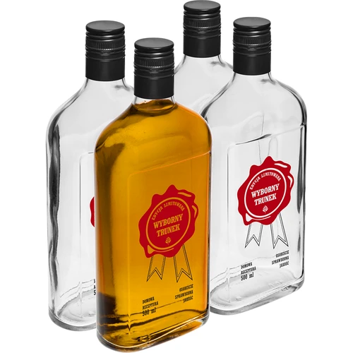 500 ml butelis su užsukamu kamšteliu ir dviejų spalvų spauda „Puikus gėrimas“ – 4 vnt.