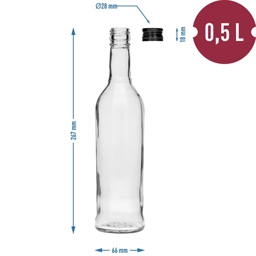 500 ml lieknas butelis su juodu užsukamu kamšteliu, degtinei, 6 vnt. - 7