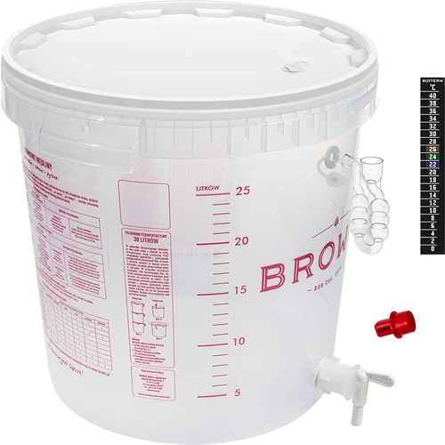 Alaus fermentacijos indas su fermentacijos vamzdeliu, čiaupu, termometru ir nuosėdų reduktoriumi