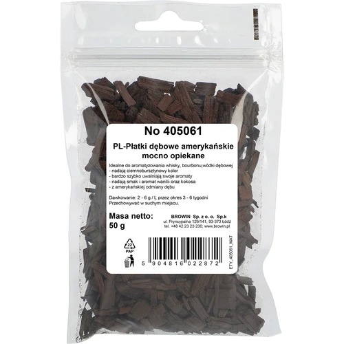 Amerikietiško ąžuolo drožlės, stipriai skrudintos, 50 g - 2