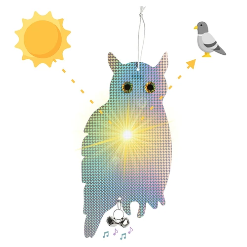 Atspindintis pakabinamas paukščių atbaidiklis - pelėda su skambaliukais - 5