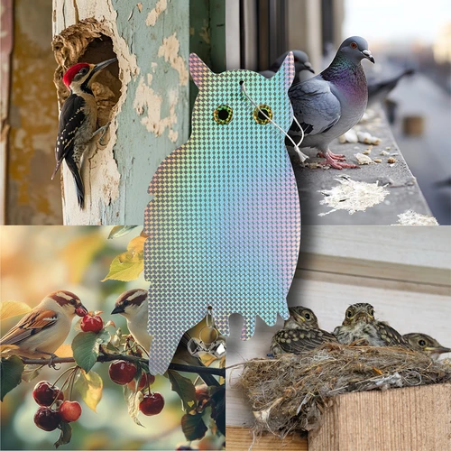 Atspindintis pakabinamas paukščių atbaidiklis - pelėda su skambaliukais - 8