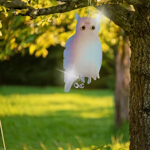 Atspindintis pakabinamas paukščių atbaidiklis - pelėda su skambaliukais - 9