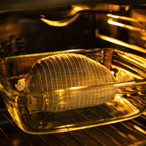 Baltas mėsos gaminių tinklas, 12,5 cm x 5 m, atsparus temperatūrai iki 220 °C - 6