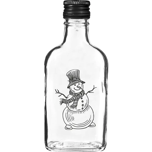 Plokščias butelis (piersiówka) 200 ml su užsukamu kamšteliu, su „Sniego senio“ spauda, 1 vnt.