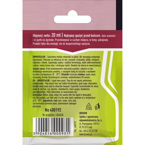 Drożdże winiarskie Uniwersalne bez namnażania, 20 ml - 2