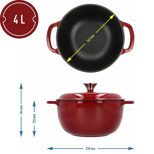 Emaliuotas ketaus puodas - bordo, 4 l - 4