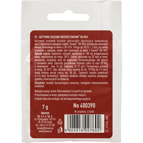 Enovini® OK RED - drożdże winiarskie obniżające kwasowość 7 g - 2