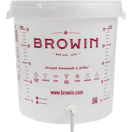 Fermentacijos indas 30 l, baltos spalvos su spauda, kraneliu ir 2 vamzdeliais - j.EN - 7