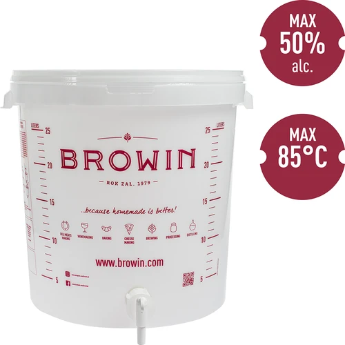 Fermentacijos indas 30 l, baltos spalvos su spauda, kraneliu ir 2 vamzdeliais - j.EN - 10