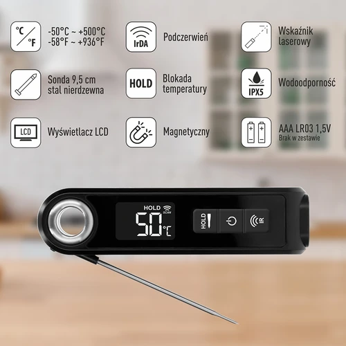 Infraraudonųjų spindulių virtuvinis termometras, kompaktiškas, su sulankstomu zondu - 8