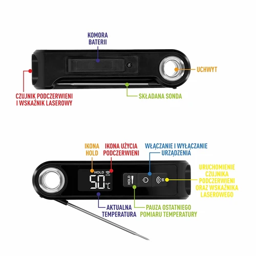 Infraraudonųjų spindulių virtuvinis termometras, kompaktiškas, su sulankstomu zondu - 9