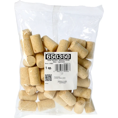 natūralus kamštienos kamštis, cilindrinis d.22x38 50 vnt.-aglomeratas - 2