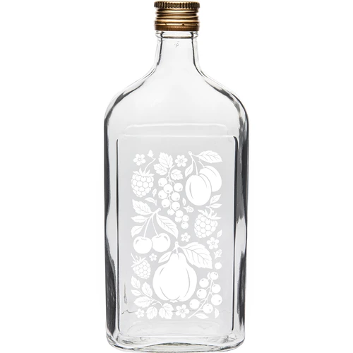 Plokščias 500 ml butelis (gertuvė) su užsukamu dangteliu ir spauda „Vaisiai“, 2 variantas