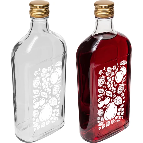 Plokščias 500 ml butelis (gertuvė) su užsukamu dangteliu ir spauda „Vaisiai“, 2 variantas - 4