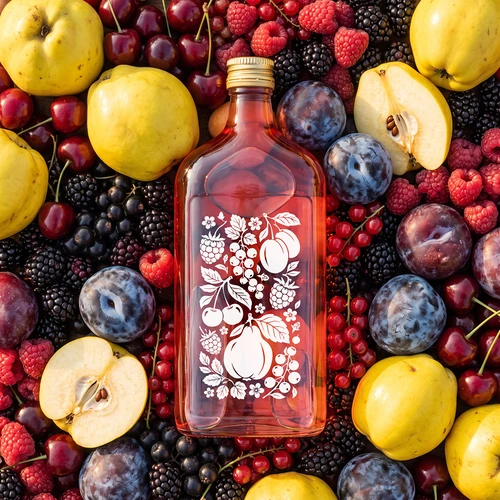 Plokščias 500 ml butelis (gertuvė) su užsukamu dangteliu ir spauda „Vaisiai“, 2 variantas - 6