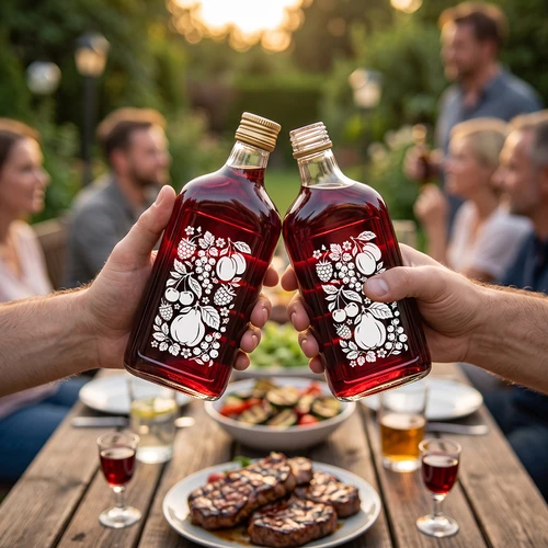 Plokščias 500 ml butelis (gertuvė) su užsukamu dangteliu ir spauda „Vaisiai“, 2 variantas - 7