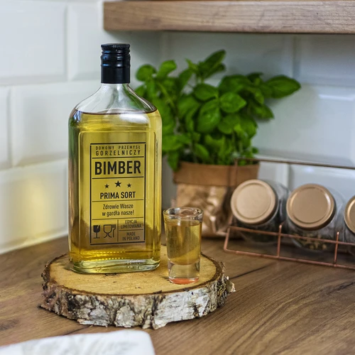 Plokščias butelis 0,5 l su užsukamu kamšteliu ir spauda Bimber PRL - 6