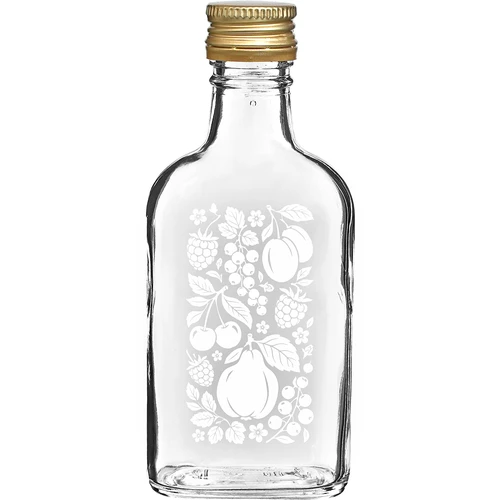 Plokščias butelis (piersiówka) 200 ml su užsukamu kamšteliu ir spauda „Vaisiai“, 2 variantas