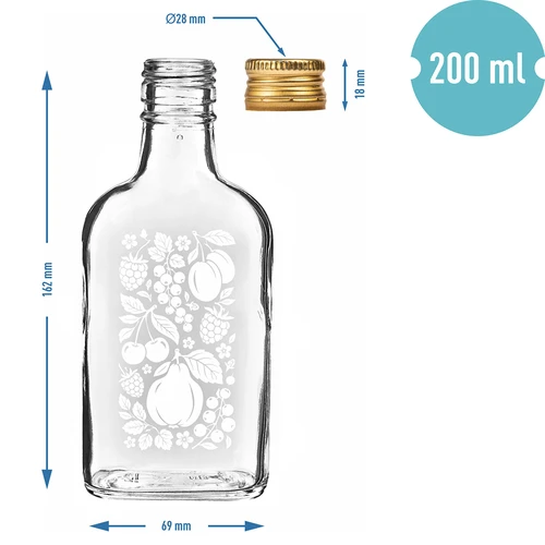 Plokščias butelis (piersiówka) 200 ml su užsukamu kamšteliu ir spauda „Vaisiai“, 2 variantas - 4
