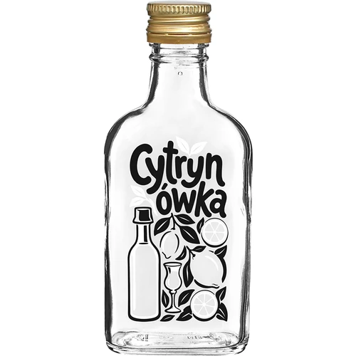 Plokščias kišeninis butelis 200 ml su užsukamu kamšteliu ir spauda „Cytrynówka”, 1 dizainas