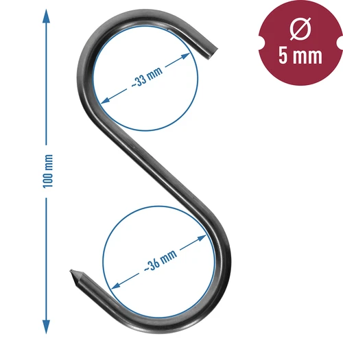 Rūkymo kabliai - S formos, paaštrinti, 5 mm x 100 mm - 5