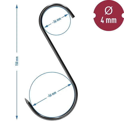 Rūkymo kabliai – S formos, su aštriais galais, 4 mm x 150 mm, 5 vnt. - 6