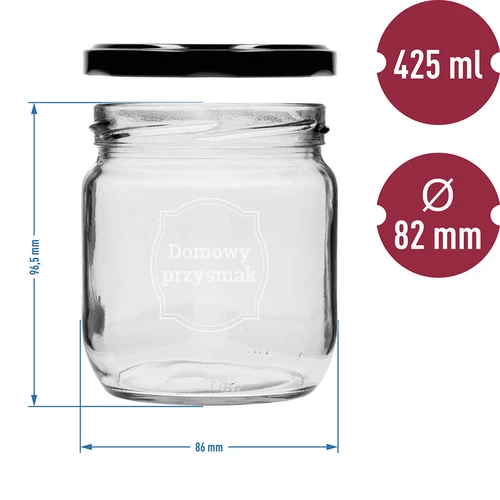 Słoik TO 425ml z nadrukiem „Domowy przysmak” i czarną zakrętką fi 82 - 3szt. - 6
