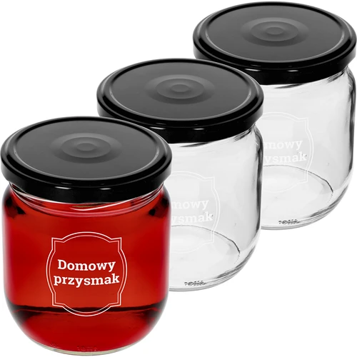 Słoik TO 425ml z nadrukiem „Domowy przysmak” i czarną zakrętką fi 82 - 3szt.  - 1 