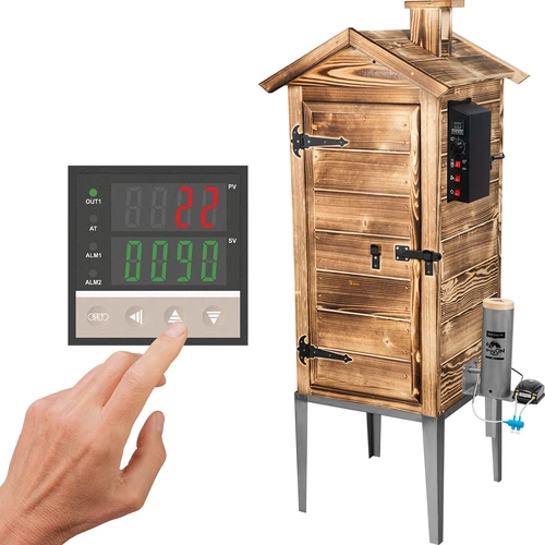 Sodo rūkykla 200 L dragON Wood 100E – malkomis kūrenama, su elektriniu kaitinimo moduliu ir valdikliu