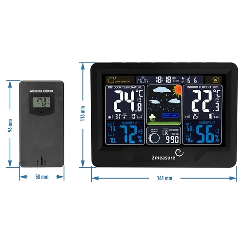 Stacja pogodowa RCC, DCF – elektroniczna, podświetlana, bezprzewodowa, czujnik, czarna - 12