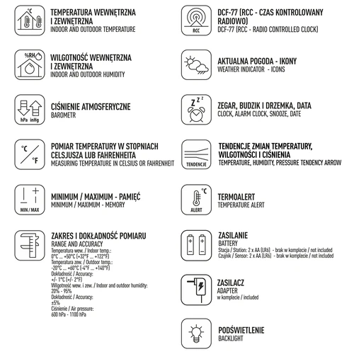 Stacja pogodowa RCC – elektroniczna, podświetlana, bezprzewodowa, czujnik, czarna - 10