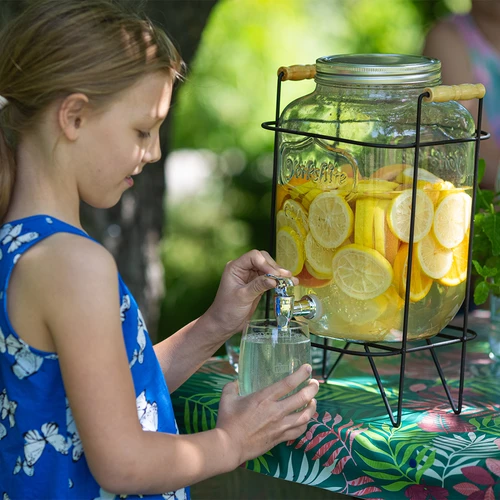 Stiklainis Lemoniada 8 l - su kraneliu, ant metalinio stovo su rankenomis - 8