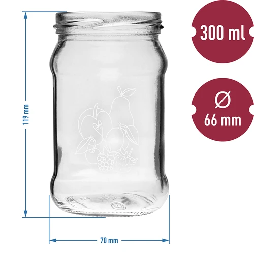Stiklainis TO 300ml su spauda - vaisių miksas ir dangteliu fi66/4 - 3 vnt. - 6