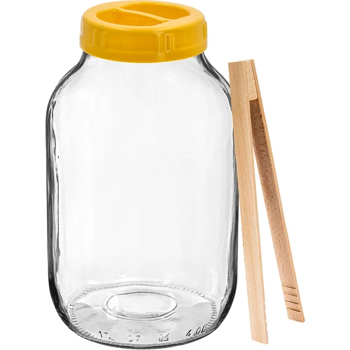 Stiklainis TO 4 l, žnyplės ir plastikinis užsukamas dangtelis fi 100, su rankena