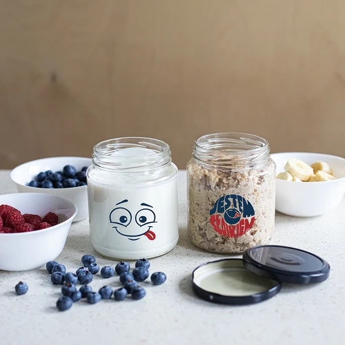 Stiklainis TO 580ml fi 82 su spalvotu spaudiniu ir juodu dangteliu, 3 vnt. - 7