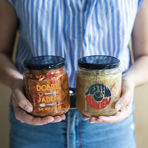 Stiklainis TO 580ml fi 82 su spalvotu spaudiniu ir juodu dangteliu, 3 vnt. - 8