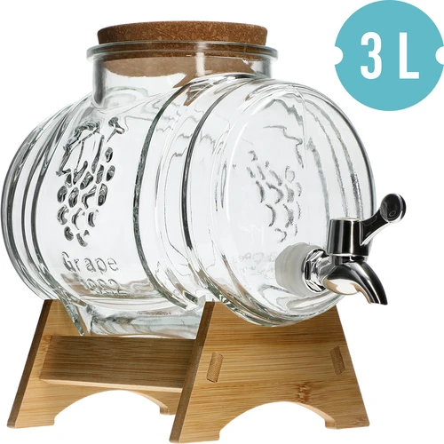 Stiklinė 3 l statinaitė su plačia įpylimo anga, kamščiu, stoveliu ir čiaupu - 2