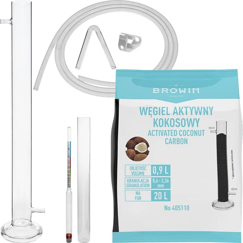 Stiklinė filtravimo kolona su spiritometru, silikonine žarnele ir aktyvuota kokosų anglimi