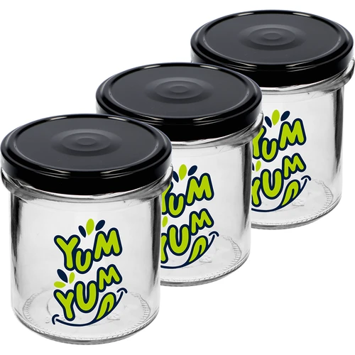 Tiesių sienelių 346 ml stiklainis fi 82 su spalvotu užrašu "Yum Yum" ir juodu užsukamu dangteliu, 3 vnt. - 2