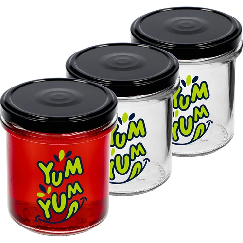 Tiesių sienelių 346 ml stiklainis fi 82 su spalvotu užrašu "Yum Yum" ir juodu užsukamu dangteliu, 3 vnt.