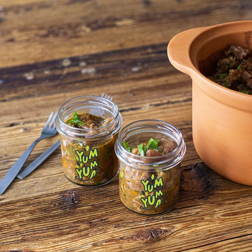 Tiesių sienelių 346 ml stiklainis fi 82 su spalvotu užrašu "Yum Yum" ir juodu užsukamu dangteliu, 3 vnt. - 7