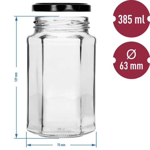 Twist-off stiklainis 385 ml su juodu dangteliu fi 63, 6 vnt. - 7