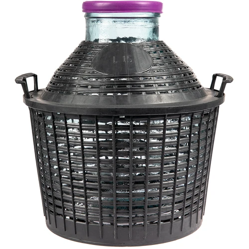 Vyno demižonas 15 l su plačiu kaklu plastikiniame krepšyje