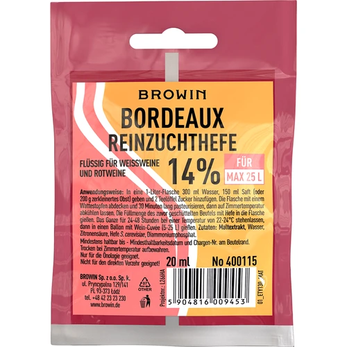 Vyno mielės Bordeaux, 20 ml DE/EN